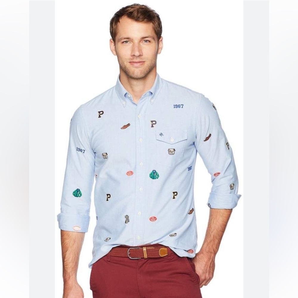 RALPH LAUREN Men's Embroidered Varsity Oxford button-up shirt blue chambray
